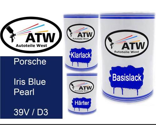Porsche, Iris Blue Pearl, 39V / D3: 500ml Lackdose + 500ml Klarlack + 250ml Härter - Set, von ATW Autoteile West.
